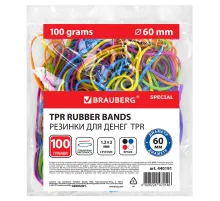 Резинки банковские TPR универсальные, диаметр 60 мм, 100 г, ЯРКИЕ ЦВЕТА, BRAUBERG SPECIAL, 440191