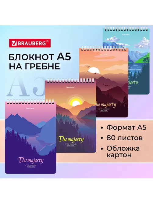 Блокнот А5 (146х206 мм), 80 л., гребень, картон, клетка, BRAUBERG, 