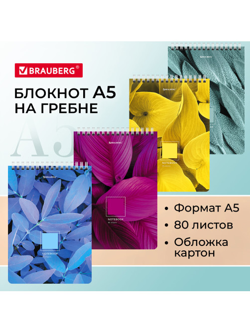 Блокнот А5 (146х206 мм), 80 л., гребень, картон, клетка, BRAUBERG, 