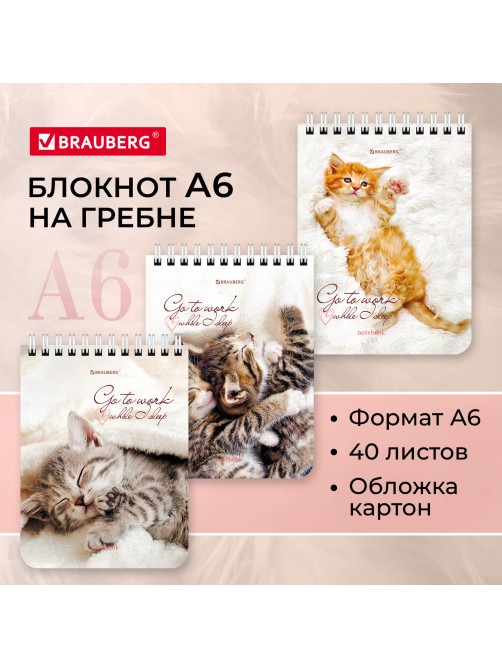 Блокнот МАЛЫЙ ФОРМАТ А6, 108х145 мм, 40 л., гребень, картон, клетка, BRAUBERG, 
