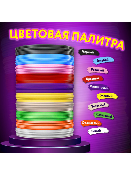 Безопасный PLA-пластик для 3D-ручки, 100 метров (10 цветов х 10 м), BRAUBERG KIDS, 665189