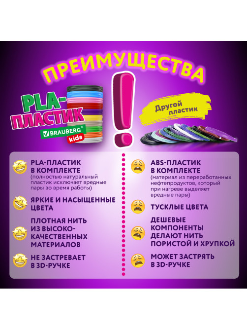 Безопасный PLA-пластик для 3D-ручки, 100 метров (10 цветов х 10 м), BRAUBERG KIDS, 665189