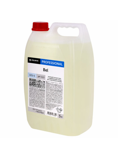 Средство для мытья посуды, 5 л, PRO-BRITE BEL, с хлором, отбеливание, концентрат, 072-5