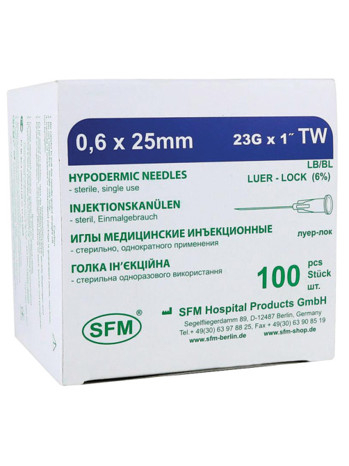Иглы инъекционные одноразовые SFM 0,60 х 25 - 23G, КОМПЛЕКТ 100 шт.