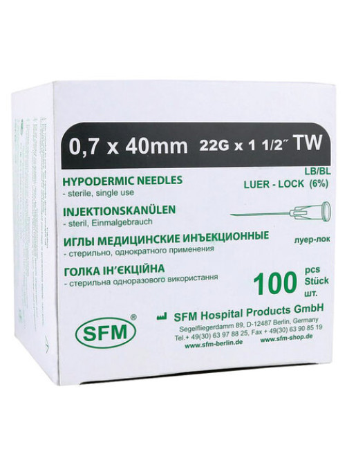 Иглы инъекционные одноразовые SFM 0,70 х 40 - 22G, КОМПЛЕКТ 100 шт.