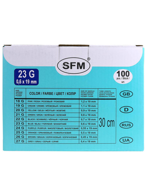 Иглы-бабочки для вливания в малые вены SFM 0,6 х 19 - 23G, КОМПЛЕКТ 100 штук, LUER