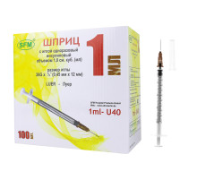Шприц инсулиновый SFM, 1 мл, КОМПЛЕКТ 100 шт. в коробке, U-40, игла 0,45х12 - 26G, 534200