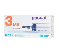 Шприц 3-х компонентный PASCAL, 3 мл, КОМПЛЕКТ 10 шт., в коробке, игла 0,7х40 - 22G, 120307