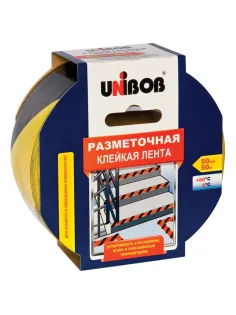Клейкая лента разметочная 50 мм х 50 м, желто-черная, UNIBOB, основа-ПВХ, европодвес, 48905