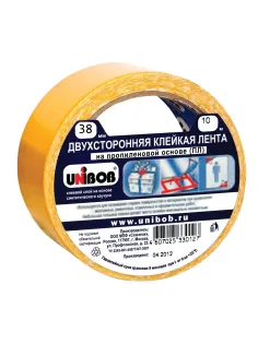 Клейкая двухсторонняя лента 38 мм х 10 м, ПОЛИПРОПИЛЕНОВАЯ ОСНОВА, UNIBOB, 38566