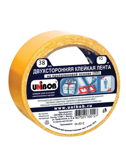 Клейкая двухсторонняя лента 38 мм х 10 м, ПОЛИПРОПИЛЕНОВАЯ ОСНОВА, UNIBOB, 38566