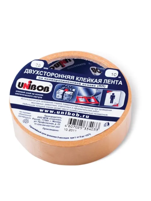 Клейкая двухсторонняя лента 25 мм х 10 м, ПОЛИПРОПИЛЕНОВАЯ ОСНОВА, UNIBOB, 38915