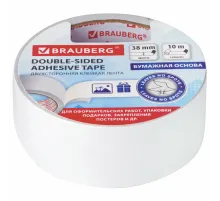 Клейкая двухсторонняя лента 38 мм х 10 м, БУМАЖНАЯ ОСНОВА, BRAUBERG, 229056