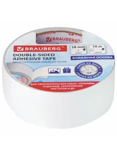 Клейкая двухсторонняя лента 38 мм х 10 м, БУМАЖНАЯ ОСНОВА, BRAUBERG, 229056