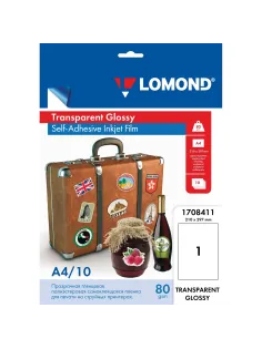 Пленка LOMOND для струйных принтеров, самоклеящаяся, прозрачная, 100 мкм, А4, 10 шт., 1708411