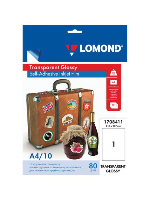 Пленка LOMOND для струйных принтеров, самоклеящаяся, прозрачная, 100 мкм, А4, 10 шт., 1708411