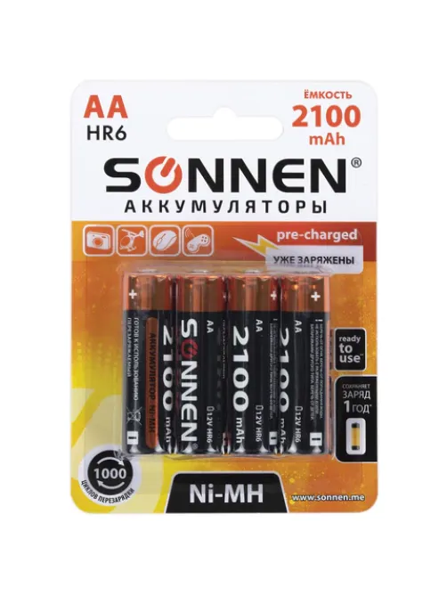 Батарейки аккумуляторные Ni-Mh пальчиковые КОМПЛЕКТ 4 шт., АА (HR6) 2100 mAh, SONNEN, 455606