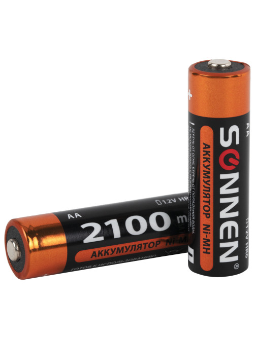 Батарейки аккумуляторные Ni-Mh пальчиковые КОМПЛЕКТ 4 шт., АА (HR6) 2100 mAh, SONNEN, 455606