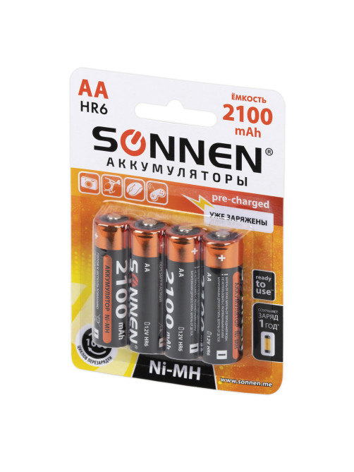 Батарейки аккумуляторные Ni-Mh пальчиковые КОМПЛЕКТ 4 шт., АА (HR6) 2100 mAh, SONNEN, 455606
