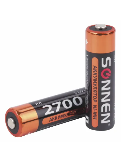 Батарейки аккумуляторные Ni-Mh пальчиковые КОМПЛЕКТ 2 шт., АА (HR6) 2700 mAh, SONNEN, 454235