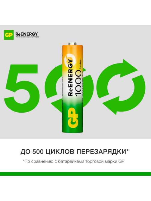 Батарейки аккумуляторные GP ReEnergy Ni-Mh КОМПЛЕКТ 4 шт. (ПРОМО 3+1), ААА (HR03), 950 mAh, 100AAAHC3/1RGY