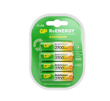 Батарейки аккумуляторные GP ReEnergy Ni-Mh пальчиковые КОМПЛЕКТ 4 шт., АА (HR6), 2600mAh, 270AAHCRGY, 270AAHCRGY-2CRC