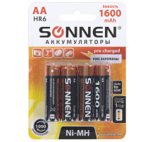 Батарейки аккумуляторные Ni-Mh пальчиковые КОМПЛЕКТ 4 шт., АА (HR6) 1600 mAh, SONNEN, 455605