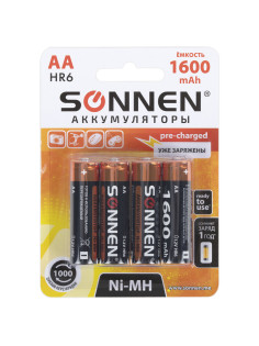 Батарейки аккумуляторные Ni-Mh пальчиковые КОМПЛЕКТ 4 шт., АА (HR6) 1600 mAh, SONNEN, 455605