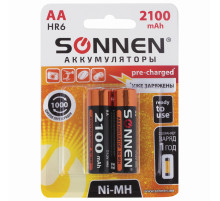 Батарейки аккумуляторные Ni-Mh пальчиковые КОМПЛЕКТ 2 шт., АА (HR6) 2100 mAh, SONNEN, 454234