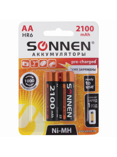 Батарейки аккумуляторные Ni-Mh пальчиковые КОМПЛЕКТ 2 шт., АА (HR6) 2100 mAh, SONNEN, 454234
