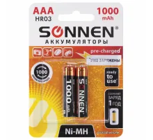 Батарейки аккумуляторные Ni-Mh мизинчиковые КОМПЛЕКТ 2 шт., AAA (HR03) 1000 mAh, SONNEN, 454237