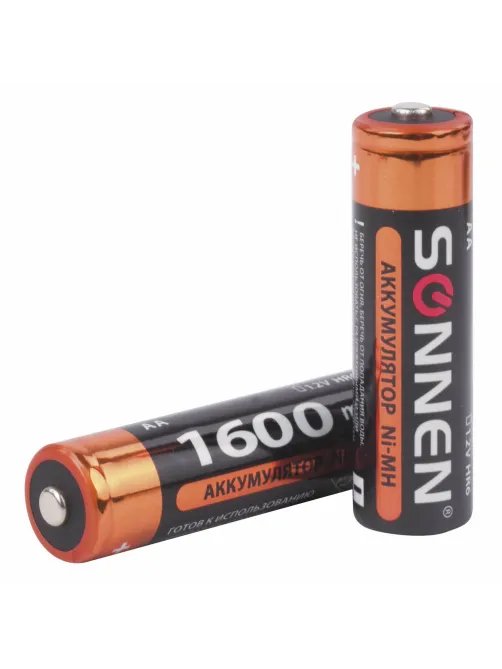 Батарейки аккумуляторные Ni-Mh пальчиковые КОМПЛЕКТ 2 шт., АА (HR6) 1600 mAh, SONNEN, 454233
