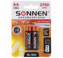 Батарейки аккумуляторные Ni-Mh пальчиковые КОМПЛЕКТ 2 шт., АА (HR6) 2700 mAh, SONNEN, 454235