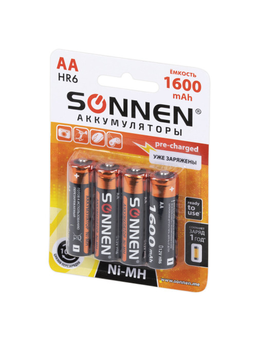 Батарейки аккумуляторные Ni-Mh пальчиковые КОМПЛЕКТ 4 шт., АА (HR6) 1600 mAh, SONNEN, 455605