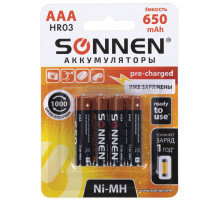 Батарейки аккумуляторные Ni-Mh мизинчиковые КОМПЛЕКТ 4 шт., AAA (HR03) 650 mAh, SONNEN, 455609