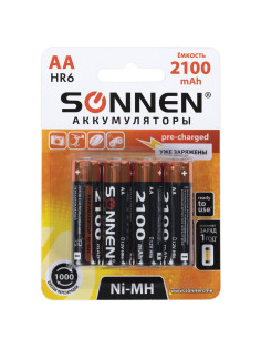 Батарейки аккумуляторные Ni-Mh пальчиковые КОМПЛЕКТ 4 шт., АА (HR6) 2100 mAh, SONNEN, 455606