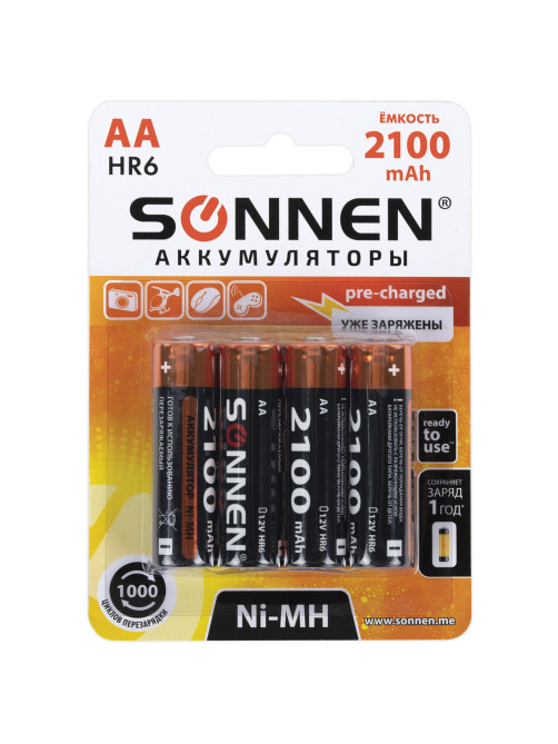 Батарейки аккумуляторные Ni-Mh пальчиковые КОМПЛЕКТ 4 шт., АА (HR6) 2100 mAh, SONNEN, 455606