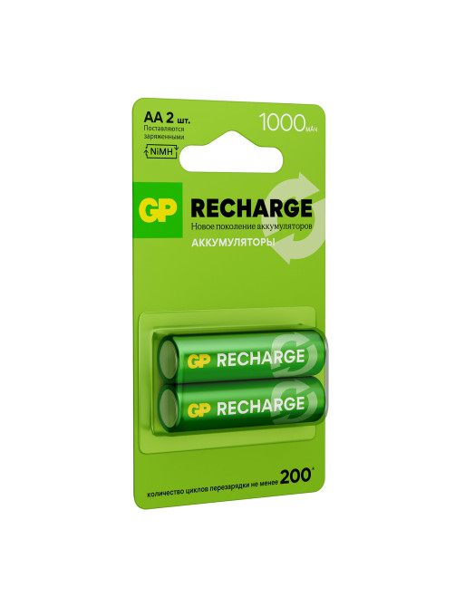 Батарейки аккумуляторные GP ReCharge Ni-Mh пальчиковые КОМПЛЕКТ 2 шт., АА (HR6) 1000 mAh, 100AAHCV, 100AAHCV-2CRSB
