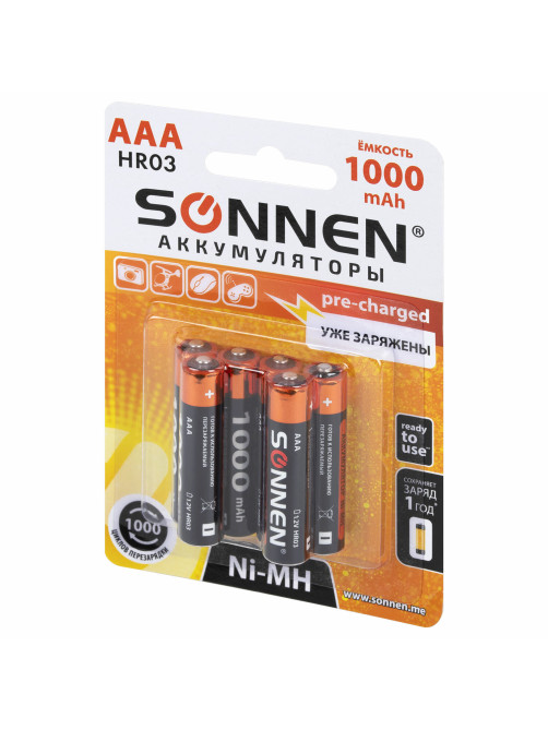 Батарейки аккумуляторные Ni-Mh мизинчиковые КОМПЛЕКТ 6 шт., AAA (HR03) 1000 mAh, SONNEN, 455611