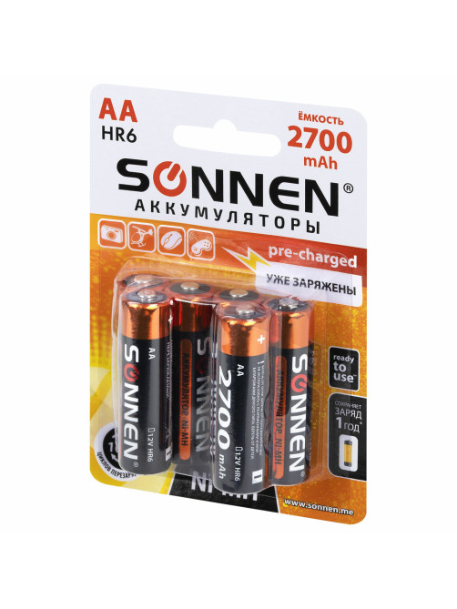 Батарейки аккумуляторные Ni-Mh пальчиковые КОМПЛЕКТ 6 шт., АА (HR6) 2700 mAh, SONNEN, 455608