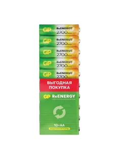 Батарейки аккумуляторные GP ReEnergy Ni-Mh пальчиковые КОМПЛЕКТ 10 шт., АА (HR6), 2600 mAh, 270AAHCRGY, 270AAHC-CRB10