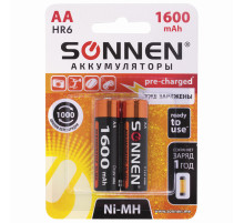 Батарейки аккумуляторные Ni-Mh пальчиковые КОМПЛЕКТ 2 шт., АА (HR6) 1600 mAh, SONNEN, 454233