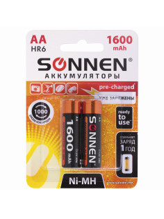 Батарейки аккумуляторные Ni-Mh пальчиковые КОМПЛЕКТ 2 шт., АА (HR6) 1600 mAh, SONNEN, 454233