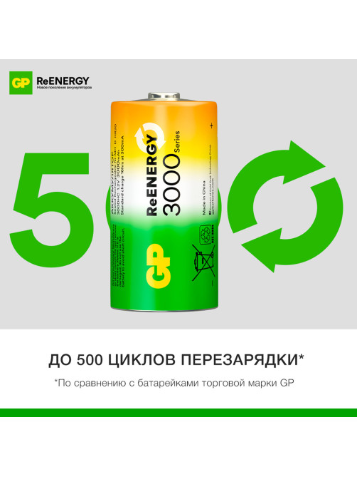 Батарейки аккумуляторные GP ReEnergy Ni-Mh КОМПЛЕКТ 2 шт., С (HR14), 3000 mAh, 300CHCRGY-2CRCB2