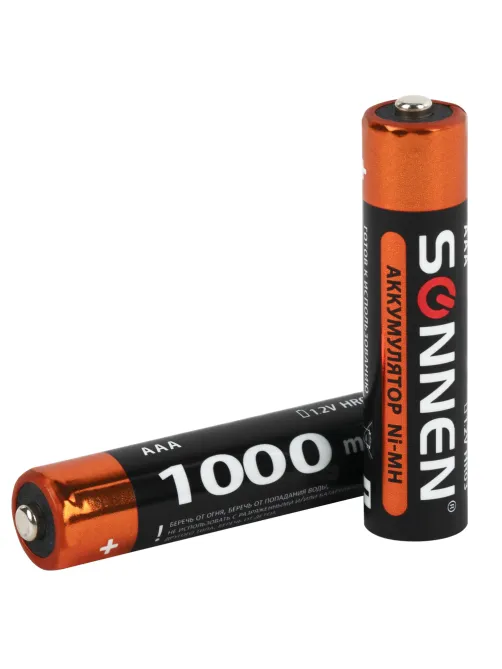 Батарейки аккумуляторные Ni-Mh мизинчиковые КОМПЛЕКТ 4 шт., AAA (HR03) 1000 mAh, SONNEN, 455610