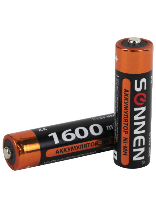 Батарейки аккумуляторные Ni-Mh пальчиковые КОМПЛЕКТ 4 шт., АА (HR6) 1600 mAh, SONNEN, 455605