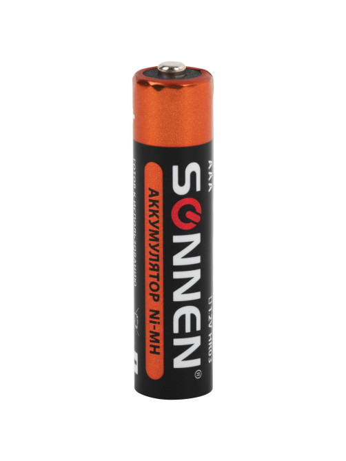 Батарейки аккумуляторные Ni-Mh мизинчиковые КОМПЛЕКТ 4 шт., AAA (HR03) 650 mAh, SONNEN, 455609