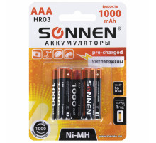Батарейки аккумуляторные Ni-Mh мизинчиковые КОМПЛЕКТ 6 шт., AAA (HR03) 1000 mAh, SONNEN, 455611