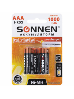Батарейки аккумуляторные Ni-Mh мизинчиковые КОМПЛЕКТ 6 шт., AAA (HR03) 1000 mAh, SONNEN, 455611