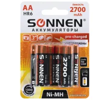 Батарейки аккумуляторные Ni-Mh пальчиковые КОМПЛЕКТ 6 шт., АА (HR6) 2700 mAh, SONNEN, 455608